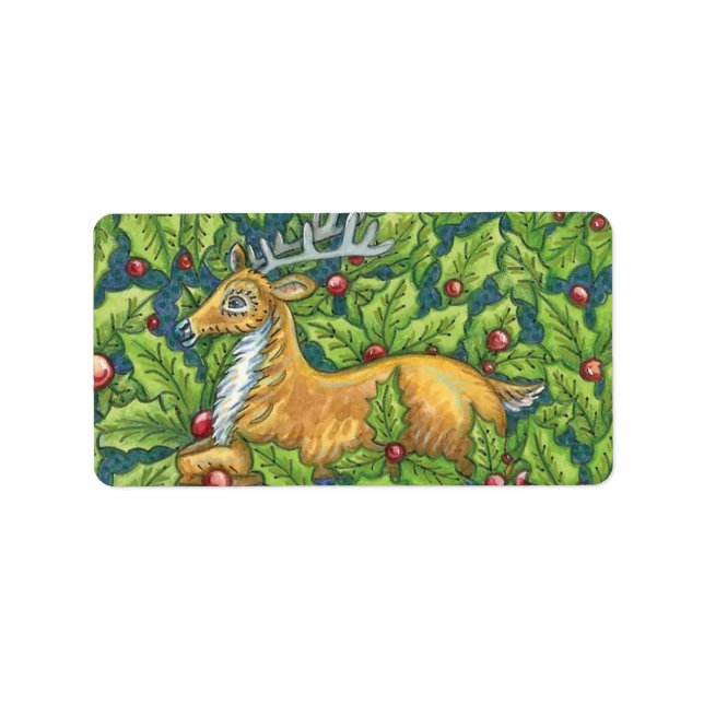 Cute Christmas Reindeer in Forest with Holly Label (Front)