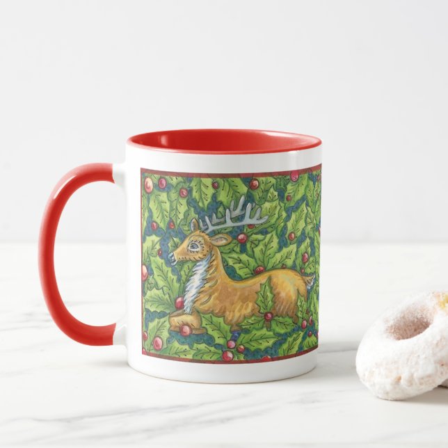 Cute Christmas Reindeer in Forest with Holly Mug (With Donut)