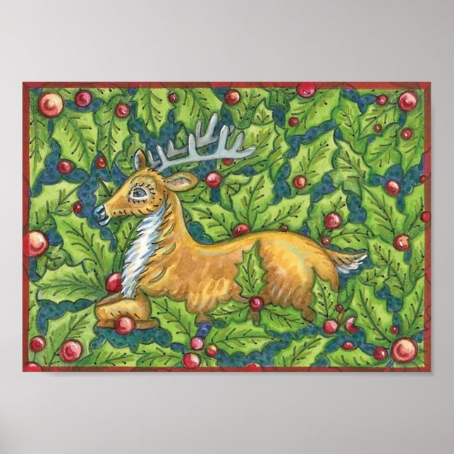 Cute Christmas Reindeer in Forest with Holly Poster (Front)