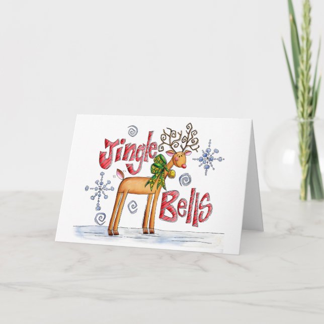 Cute Christmas Reindeer, Jingle Bells Snowflakes Holiday Card (Front)