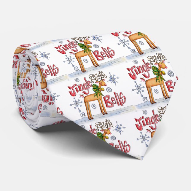 Cute Christmas Reindeer, Jingle Bells Snowflakes Tie (Rolled)