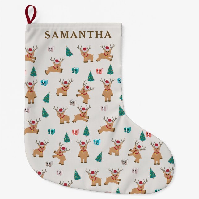 Cute Christmas Reindeer  Large Christmas Stocking (Front)
