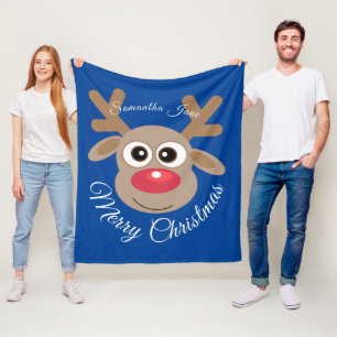 Cute Christmas Reindeer Named White Script Blue Fleece Blanket