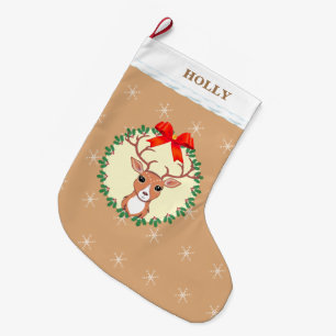 Cute Christmas Reindeer on Beige Large Christmas Stocking