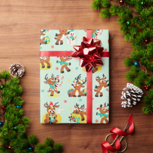 Cute Christmas Reindeer on Light Green Background Wrapping Paper