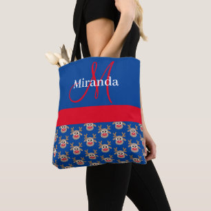 Cute Christmas Reindeer Pattern Monogram Blue Tote Bag