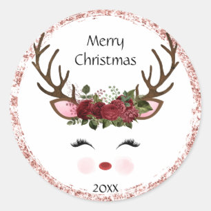 Cute Christmas Reindeer Red Floral Classic Round Sticker