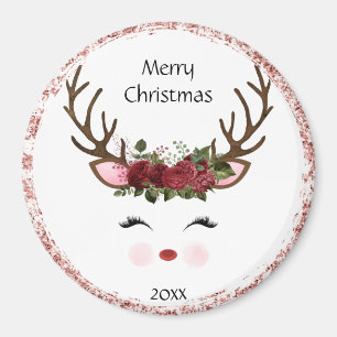 Cute Christmas Reindeer Red Floral Magnet