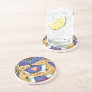 Cute Christmas Reindeer, Romantic Kiss w Mistletoe Coaster