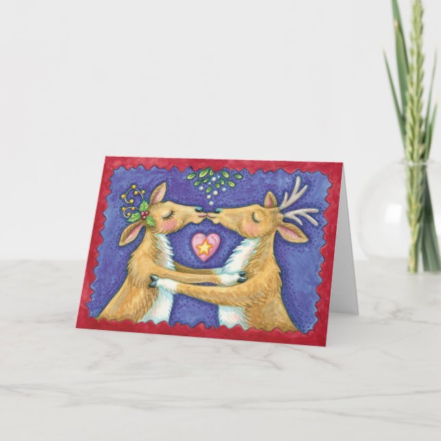 Cute Christmas Reindeer, Romantic Kiss w Mistletoe Holiday Card (Front)