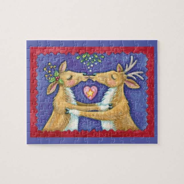 Cute Christmas Reindeer, Romantic Kiss w Mistletoe Jigsaw Puzzle (Horizontal)