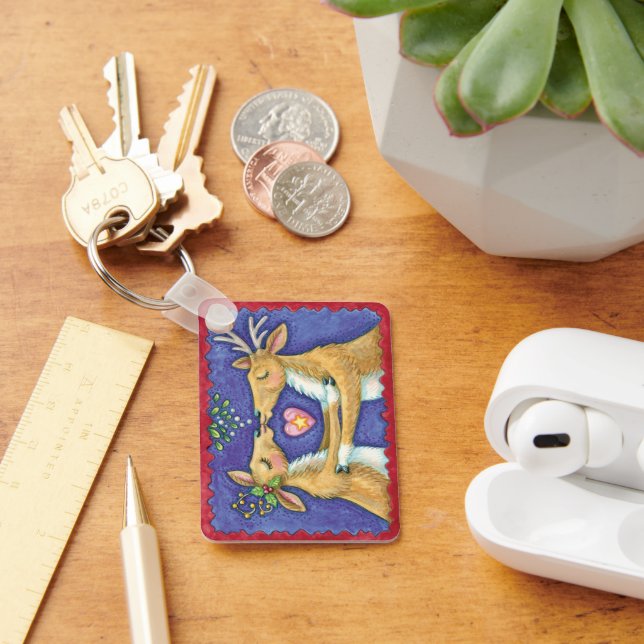 Cute Christmas Reindeer, Romantic Kiss w Mistletoe Key Ring (Desk)