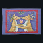 Cute Christmas Reindeer, Romantic Kiss w Mistletoe Tea Towel<br><div class="desc">Vintage illustration Merry Christmas design featuring a love and romance design with two adorable reindeer kissing under the mistletoe. A heart is between them. A funny,  silly and romantic cartoon design for animal lovers.</div>