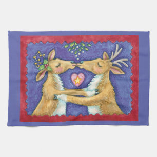 Cute Christmas Reindeer, Romantic Kiss w Mistletoe Tea Towel