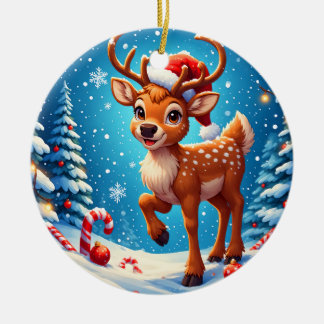 Cute Christmas Reindeer Santa Hat Candy Canes Ceramic Ornament