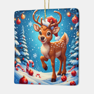 Cute Christmas Reindeer Santa Hat Candy Canes Ceramic Ornament