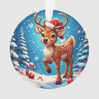 Cute Christmas Reindeer Santa Hat Candy Canes Ornament