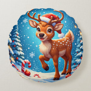 Cute Christmas Reindeer Santa Hat Candy Canes Round Cushion