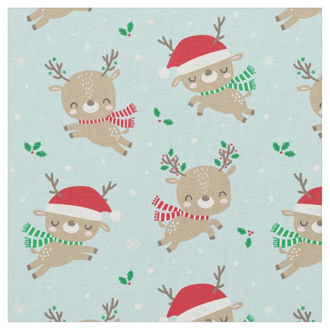 Cute Christmas Reindeer Santa Hats on Light Blue Fabric (Close Up)