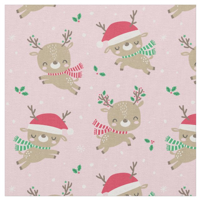 Cute Christmas Reindeer Santa Hats on pink Fabric (Close Up)