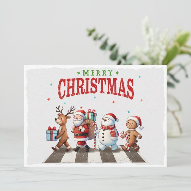 Cute Christmas Reindeer Santa Snowman Holiday Card (Standing Front)