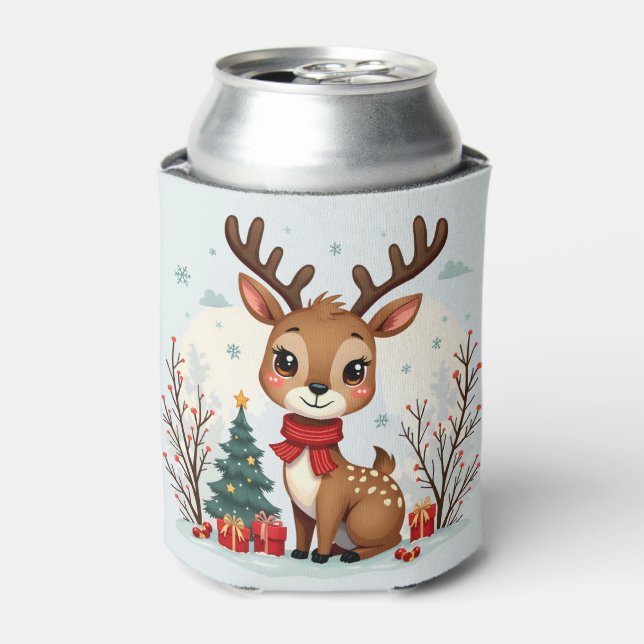 Cute Christmas Reindeer Scene Snowy Forest Can Cooler (Can Front)