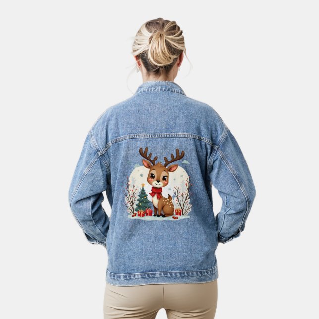 Cute Christmas Reindeer Scene Snowy Forest Denim Jacket (Model)
