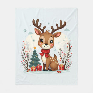 Cute Christmas Reindeer Scene Snowy Forest Fleece Blanket