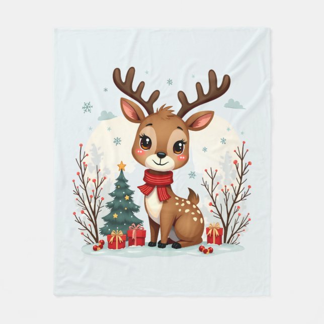 Cute Christmas Reindeer Scene Snowy Forest Fleece Blanket (Front)