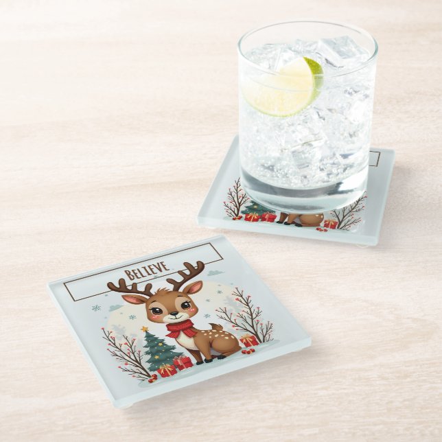 Cute Christmas Reindeer Scene Snowy Forest Glass Coaster (Angled)
