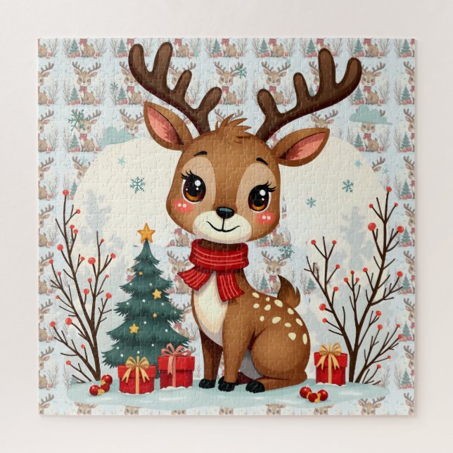 Cute Christmas Reindeer Scene Snowy Forest Jigsaw Puzzle (Vertical)