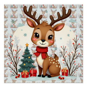 Cute Christmas Reindeer Scene Snowy Forest Poster