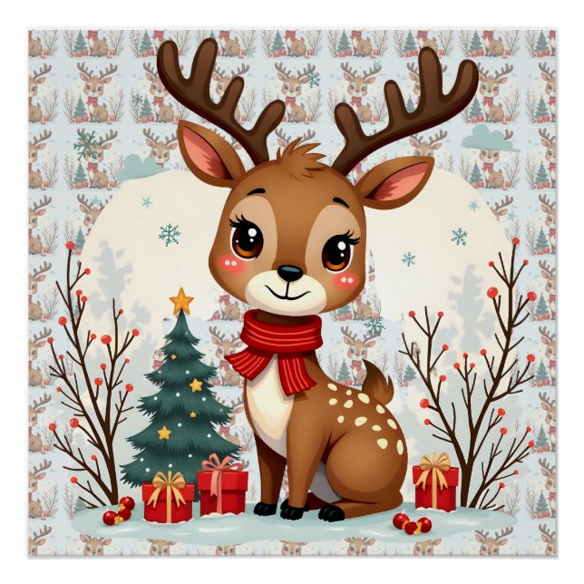 Cute Christmas Reindeer Scene Snowy Forest Poster (Front)