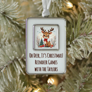 Cute Christmas Reindeer Scene Snowy Forest Silver Plated Framed Ornament