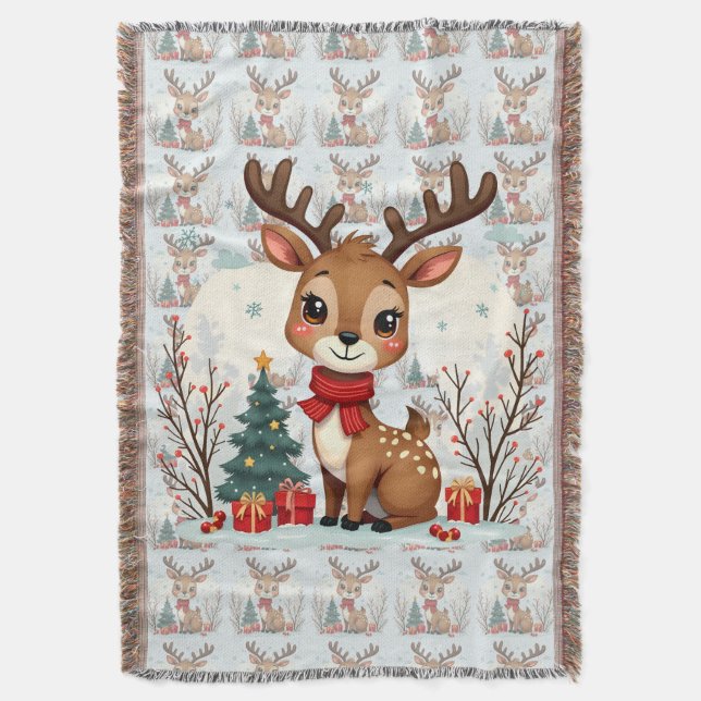 Cute Christmas Reindeer Scene Snowy Forest Throw Blanket (Front Vertical)