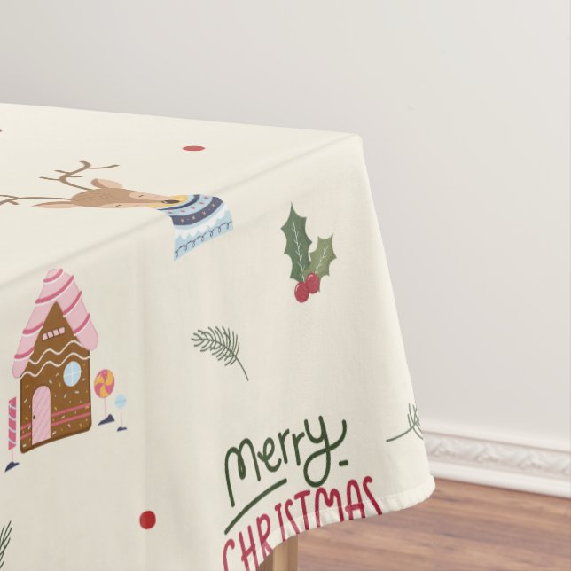Cute Christmas Reindeer Snowman Pattern Whimsical Tablecloth (In Situ)