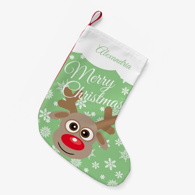 Cute Christmas Reindeer Teal White Script Name Small Christmas Stocking (Front (Hanging))