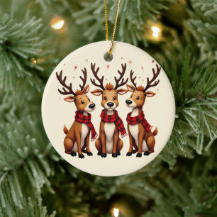 Cute Christmas Reindeer Trio with Plaid Scarves Ceramic Ornament