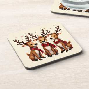 Cute Christmas Reindeer Trio with Plaid Scarves Coaster