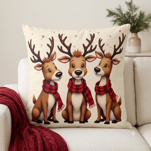 Cute Christmas Reindeer Trio with Plaid Scarves Cushion