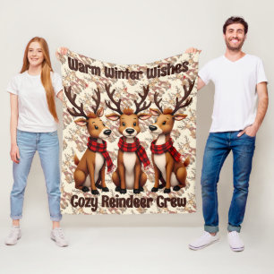 Cute Christmas Reindeer Trio with Plaid Scarves Fleece Blanket