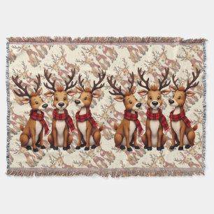 Cute Christmas Reindeer Trio with Plaid Scarves Throw Blanket