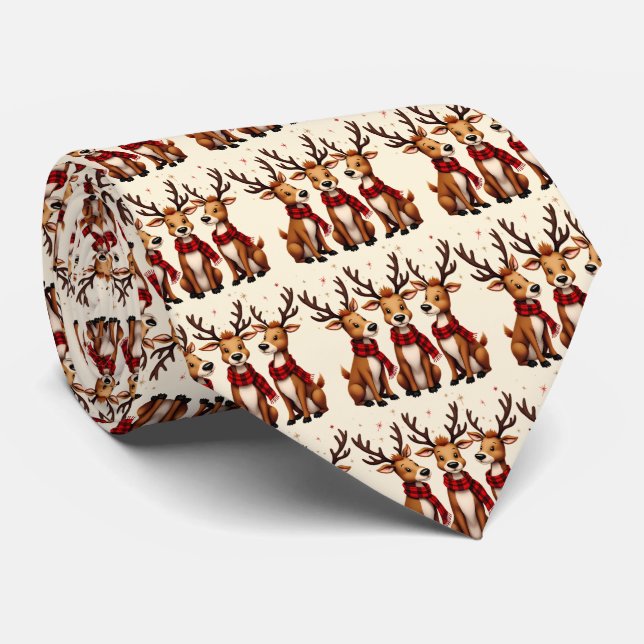 Cute Christmas Reindeer Trio with Plaid Scarves Tie (Rolled)