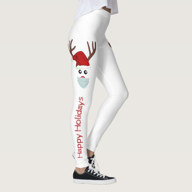 Cute Christmas Reindeer Wearing Mask White Red Leggings (Right)