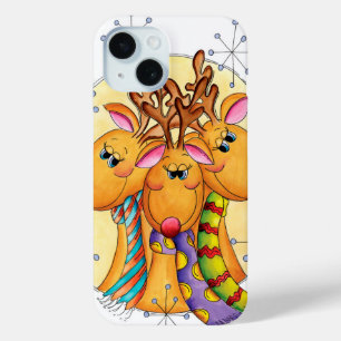 Cute Christmas Reindeer Wearing Scarves with Stars iPhone 15 Case