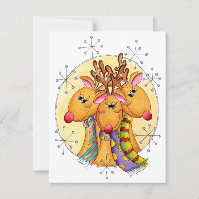 Cute Christmas Reindeer Wearing Scarves with Stars Holiday Card (Front)