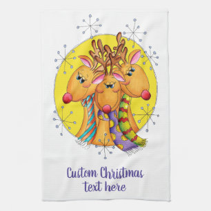 Cute Christmas Reindeer Wearing Scarves with Stars Tea Towel
