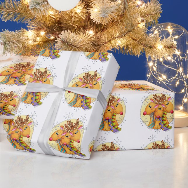 Cute Christmas Reindeer Wearing Scarves with Stars Wrapping Paper (Holidays)