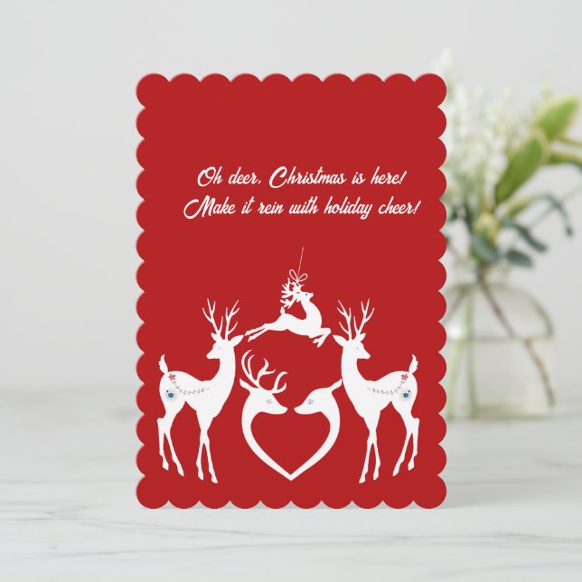 Cute Christmas Reindeer White Santa Helper Red Fun Holiday Card (Standing Front)