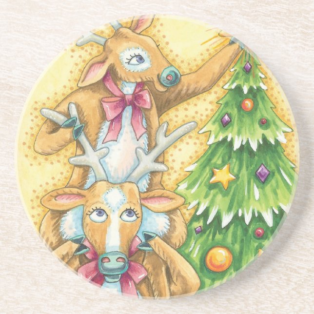 Cute Christmas Reindeer With Christmas Tree Star Coaster (Front)